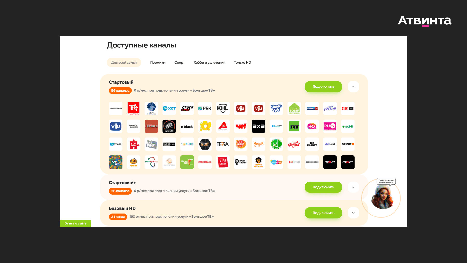 Подборка каналов в пакетах услуг