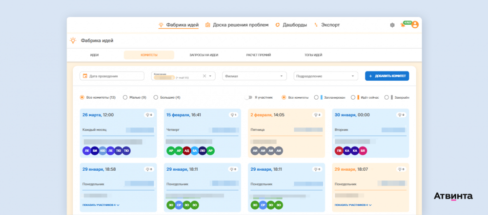 Созданные комитеты для оценки статусов идей
